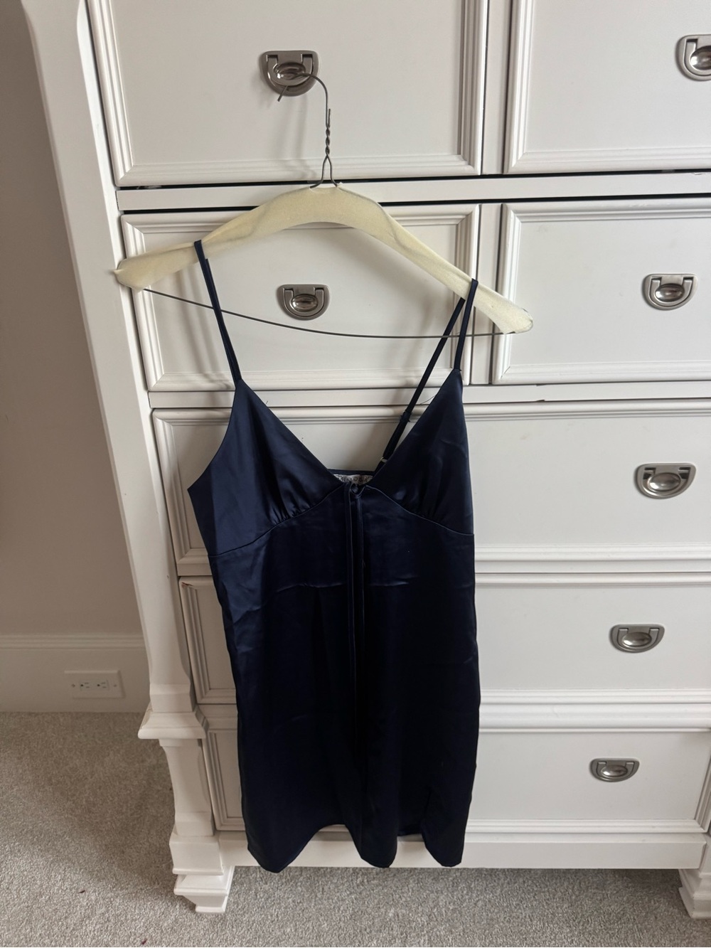 Navy Satin Mini Slip Dress with Spaghetti Straps